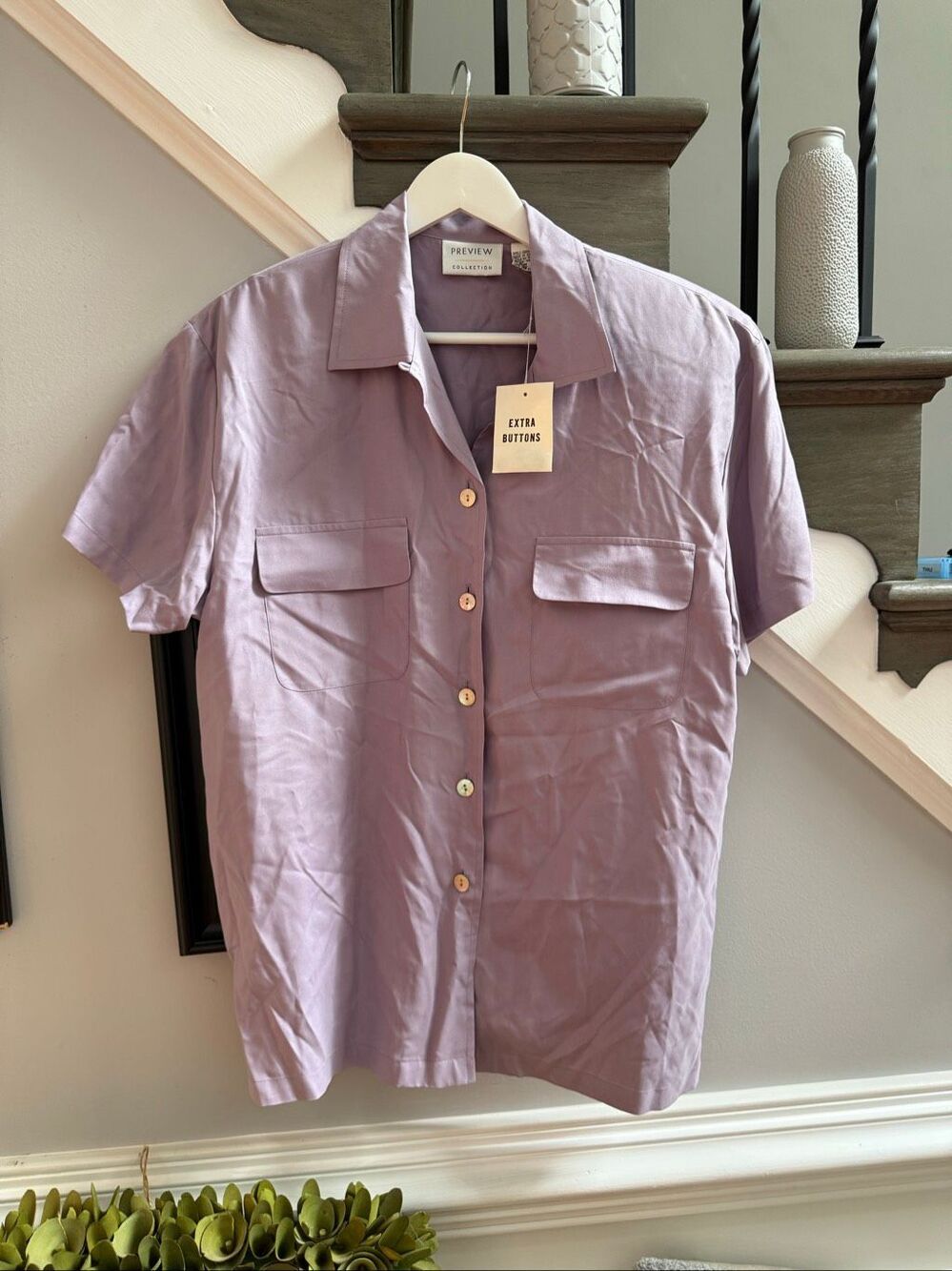 Preview Lavender 100% Silk Short Sleeve Button Up Shirt sz M NWT
